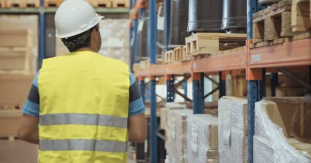 Tracking shot de un trabajador logístico que llevaba un casco inspeccionando artículos en un gran almacén — Vídeo de stock