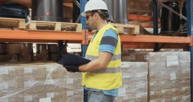 Büyük bir ambarındaki maddeleri inceleyerek bir kask giymiş bir lojistik alt kadeh izleme