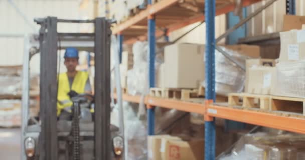 Logistiek werknemer een heftruck rijden in een magazijn, en vervolgens de inspectie van items die gebruikmaken van een Klembord — Stockvideo