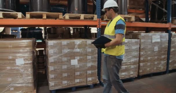 Tracking shot de un trabajador logístico que llevaba un casco inspeccionando artículos en un gran almacén — Vídeos de Stock