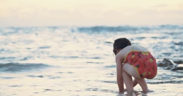 Bambina seduta sulla sabbia in spiaggia godendo le onde durante il tramonto — Video Stock