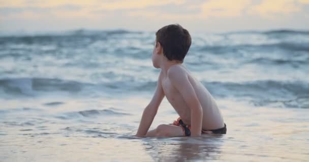 Young boy sitting at the beach in the water — Stock Video