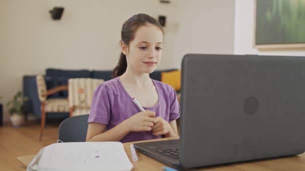 Маленька дівчинка відвідує онлайн урок під час блокування COVID-19 — стокове відео