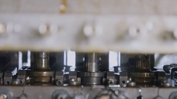 Zbliżenie prasy dziurkującej tworzącej części metalowe w linii produkcyjnej — Wideo stockowe