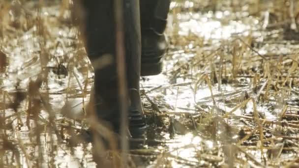 Movimento lento di un uomo che cammina attraverso le zone umide e fango indossando stivali alti — Video Stock
