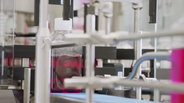自動製薬製造ライン、液体で満たされたボトル — ストック動画
