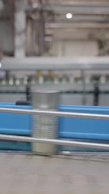 Konserve gıda üretim tesisinde hızlı bir taşıyıcı banttaki domates sosu kutuları.