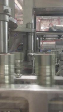 Konserve gıda üretim tesisinde hızlı bir taşıyıcı banttaki domates sosu kutuları.