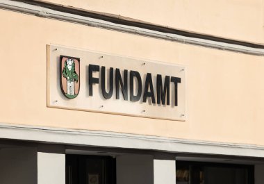 Klagenfurt, Austria - October 04, 2025: Fundamt sign displayed on building in Benediktinermarkt, reflecting local heritage and festive atmosphere during Erntedankfest