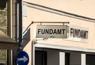 Klagenfurt, Austria - October 04, 2025: Fundamt sign displayed on building in Benediktinermarkt, reflecting local culture and festive ambiance during Erntedankfest