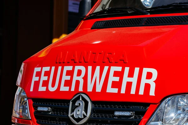 St Veit An Der Glan, Austria - October 03, 2025: Fire truck displaying 'FEUERWEHR' parked at St. Veiter Wiesenmarkt, symbolizing local emergency services and community support