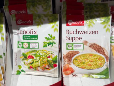 Villach, Austria - October 09, 2025: Cenovis seasoning products on store shelf, including Lenofix and Buchweizen Suppe, highlight organic cooking ingredients for flavorful meals