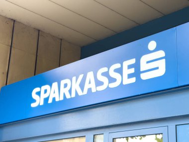 Ljubljana, Slovenia - October 10, 2025: Sparkasse bank sign is visible on building facade, highlighting modern branding and architectural design in urban setting