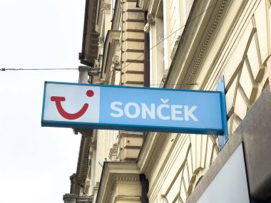 Ljubljana, Slovenia - October 10, 2025: SONCEK sign on building exterior features bright colors and a cheerful design, attracting attention from passersby