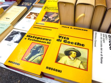 Trieste, İtalya - 14 Ekim 2025: Pazar masasında antika kitap kapakları, canlı sarı tasarımlar ve sanatsal çizimlerle tarih ve edebiyatı vurguluyor
