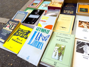Trieste, İtalya - 14 Ekim 2025: Çeşitli tür ve yazarların yer aldığı, kitap severler ve koleksiyoncular için ideal olan, bir pazar masasına dizilmiş antika kitaplar