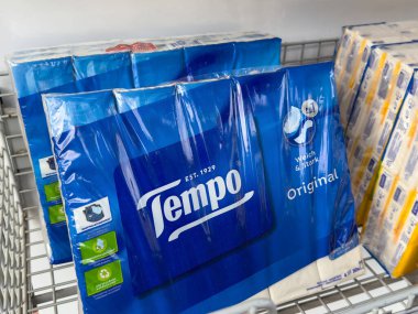 Althofen, Avusturya - 17 Eylül 2025: Tempo kağıt havluları, müşteriler için markalaşma ve paketleme ayrıntılarını vurgulayarak, perakende dondurucuya düzgünce yerleştirilmiştir