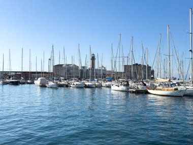 Trieste, İtalya - 14 Ekim 2025: Limanda tekneler ve yatlar kenetlendi, sakin sular berrak mavi gökyüzünü ve kıyı binalarını yansıtıyor