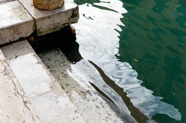 Sakin yeşil bir su yüzeyine çıkan sakin taş basamaklar..