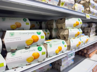 Venedik, İtalya - 14 Şubat 2026: Süpermarket raflarında düzenlenmiş organik yumurta kutuları, bir markette farklı marka ve ambalaj tasarımları sergileniyor