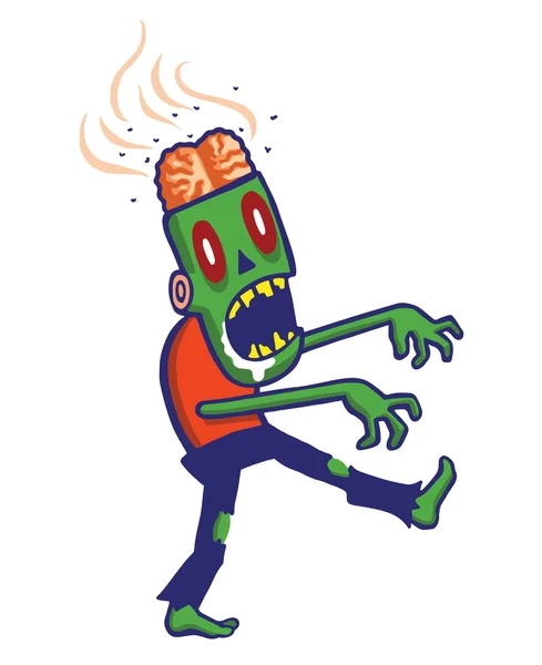 Cartoon zombie geïsoleerd op wit. Hij is slingerend met zijn armen uit uitgerekt — Stockvector