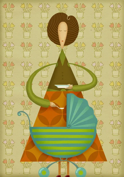Mother with a baby carriage. Mom feeding baby with spoon. — Stock Image Mother with a baby carriage. Mom feeding baby with spoon. Royalty Free Stock Images