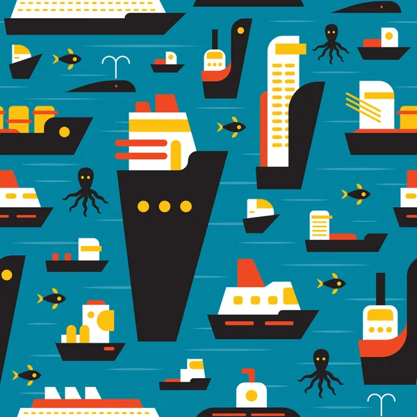 Seamless marine pattern with ships. Set of flat cruise liner, container ship, tanker, freighter. — Stock Vector