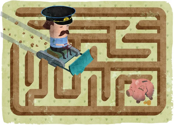 Begreppet illustration av en indrivning av skulder. Lawman i labyrinten samlar in pengar från en gäldenär. Officeren är på väg till trasig spargris i ett hörn. — Stockfoto