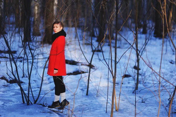 Retrato de primavera temprana de linda chica joven atractiva seria con bufanda de calor de pelo oscuro y chaqueta roja mirando a la cámara y de pie sobre el bosque salvaje fondo natural. Exterior — Foto de Stock