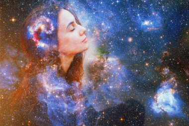 Double exposure portrait of a young woman close eye face with galaxy space inside head. Human inner peace, star light fire, life zen girl love, rpa ai concept. Elements of this image furnished by NASA clipart