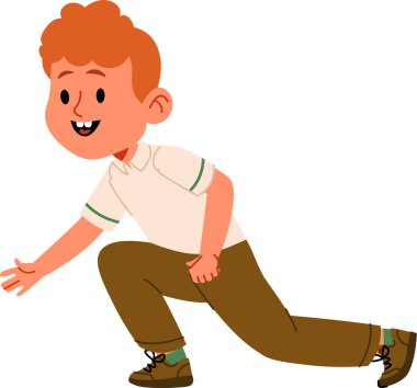 A young boy with curly hair crouches with a joyful expression in a cartoon style. The child is depicted in a dynamic stance, wearing casual clothing and smiling. Cartoon vector illustration.
