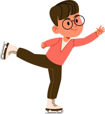 A boy wearing glasses is ice skating with one leg raised in a dynamic pose, drawn in a cartoon style. The child balances gracefully on the ice, showcasing skill and joy. Cartoon vector illustration.