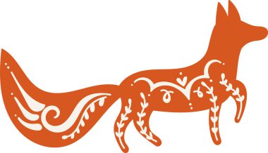 A fox silhouette with intricate patterns and flowing tail in a flat style. The design features ornate details and a stylized appearance. Cartoon vector illustration.