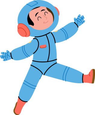An astronaut in a spacesuit joyfully floats with a smile, depicted in a cartoon style. The character is shown in mid-air, wearing a helmet and gloves. Cartoon vector illustration.