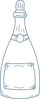 A hand-drawn champagne bottle with a label and cork in a simple line style. The illustration depicts a wine bottle with a round seal and detailed cork stopper. Cartoon vector illustration.