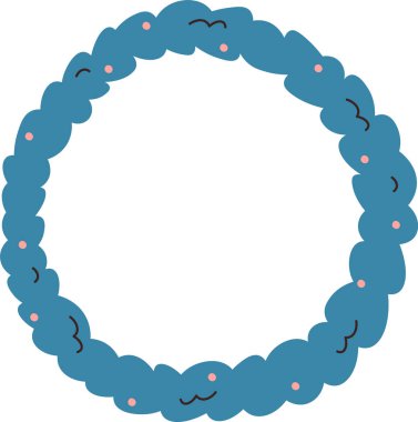 Çizgi film görünümlü, stilize edilmiş çiçek elementlerinden oluşan dairesel bir çelenk. Çerçevede dikişsiz bir döngü içinde düzenlenmiş soyut yapraklar ve çiçekler yer alıyor. Çizgi film vektör illüstrasyonu.