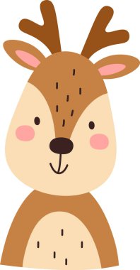 Geyik boynuzları ve gülen bir yüzü olan basit bir çizgi film geyiği. Hayvanın dostane bir ifadesi ve yuvarlak özellikleri var. Çizgi film vektör illüstrasyonu.