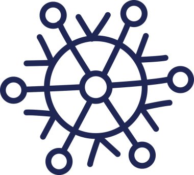 Daire şeklinde düğümleri ve düz çizgileri olan kalın hatlı geometrik bir kar tanesi tasarımı. Çizim, kar kristaline benzeyen simetrik bir deseni resmediyor. Çizgi film vektör illüstrasyonu.