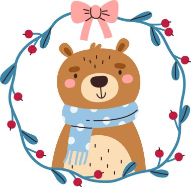 A bear wearing a scarf is surrounded by a wreath with berries and a bow in a cartoon style. The animal is depicted with a friendly expression inside a decorative frame. Cartoon vector illustration.