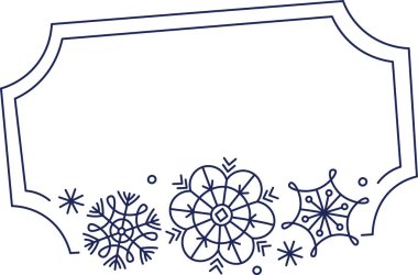 A geometric frame adorned with intricate snowflake patterns in a clean line art style. The design features symmetrical shapes and delicate details. Cartoon vector illustration.