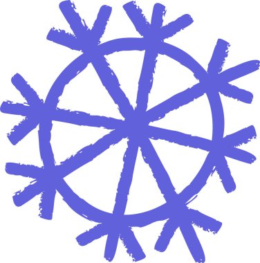 A circular snowflake drawn with crayon-like strokes in a cartoon style. The snowflake features bold, textured lines forming a symmetrical pattern. Cartoon vector illustration.