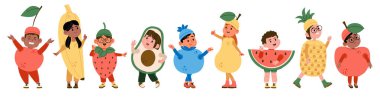 Cute children cartoon characters wearing different funny fruits and berries costumes isolated set. Little preschool girls and boys dressed festive outfit for autumn harvest holiday vector illustration