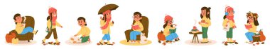Cute children autumn cartoon characters enjoying seasonal activities and joyful pastimes set. Happy boys and girls studying indoors, engaged in hobby and leisure, walking outdoors vector illustration