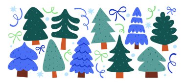 Dekorasyonsuz el koleksiyonu çeşitli basit, temiz estetik şekillerde ve minimalist tasarımla Noel ağaçlarını çizdi. Evergreen kozalaklı bitki yaratıcı mevsimsel öznitelik çizimi