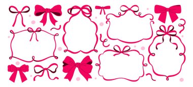 Kırmızı düğümlü fiyonklar ve kurdele çerçeveleri, klasik romantik filigran renklerine bürünür. Sevgililer günü, Noel, davetiyeler için düğün tasarımları, tebrik kartları ve posterler vektör illüstrasyonu