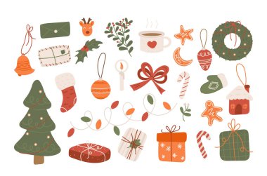 Kutlama ve dekorasyon için izole edilmiş Noel özellikleriyle çizilmiş renkli bir el. Xmas arifesi hazırlığı ve selamlama vektörü illüstrasyonu için yaratıcı mevsimsel aksesuar