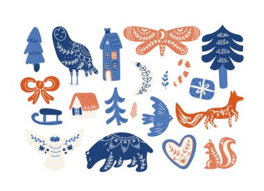 Kış Noel öznitelikleri hayvanlar, kuşlar, ağaçlar, evler, zencefilli kurabiyeler İskandinav tarzı halk figürleri. Tuhaf cazibe İskandinav konforlu element, şenlikli tasarım vektörü çizimi