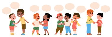 Küçük çocuklar samimi gülücüklerle tokalaşıyor. Hoş sohbetler yapıyorlar. Önemli konuşma balonu tasarımı seti. Çocuklar etkili iletişim, arkadaşlık ve sosyal bağlantı vektörü çizimi