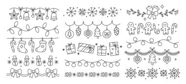 Noel karalama bölücüleri ve sınırlar, çizimi tekrarlanan tasarım serisi sanat tarzıyla çiziyor. Kutlama kartları ve afişler vektör illüstrasyonu için kış bayramı dekorasyonu ve süslemeleri