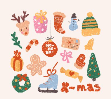 Renkli tebeşir desenli zengin desenli yeni yıl ve Noel unsurları çizildi. Kutlama ruhuna sahip çocuksu xmas özellikleri, neşeli tatil beklentisi çizimi